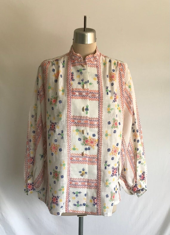 1970s Faux Embroidery Cotton Smock Blouse - Boho … - image 2