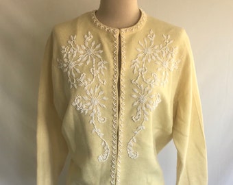 1960s Butter Yellow Hand Beaded Floral Wool Angora Cardigan - Size M - Rockabilly Cardigan - Pin Up Cardigan - Glass Beaded - Pearl Beaded