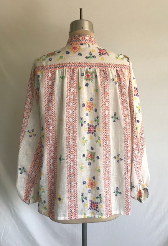 1970s Faux Embroidery Cotton Smock Blouse - Boho … - image 9