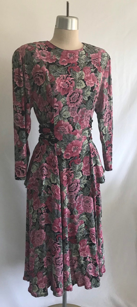 1980s Carole Little Black and Pink Floral Rayon P… - image 2