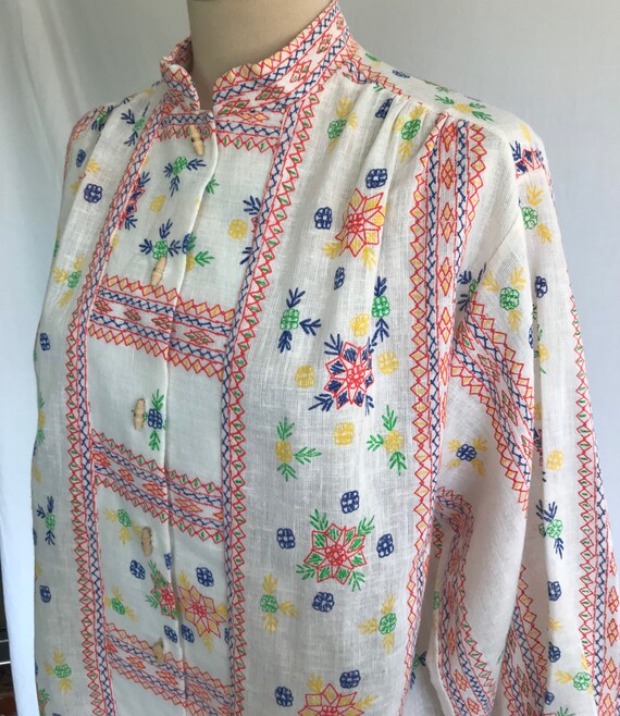 1970s Faux Embroidery Cotton Smock Blouse - Boho … - image 4