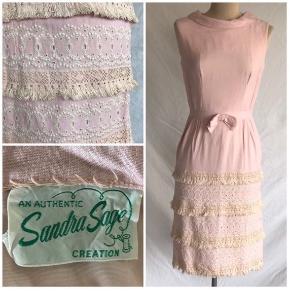 1950s 1960s Soft Pink Linen Eyelet Lace and Fringe