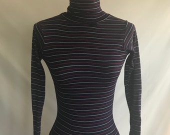1970s REI Striped Knit Top: Vintage Mock Neck Tee, Made in England (XXS/XS)