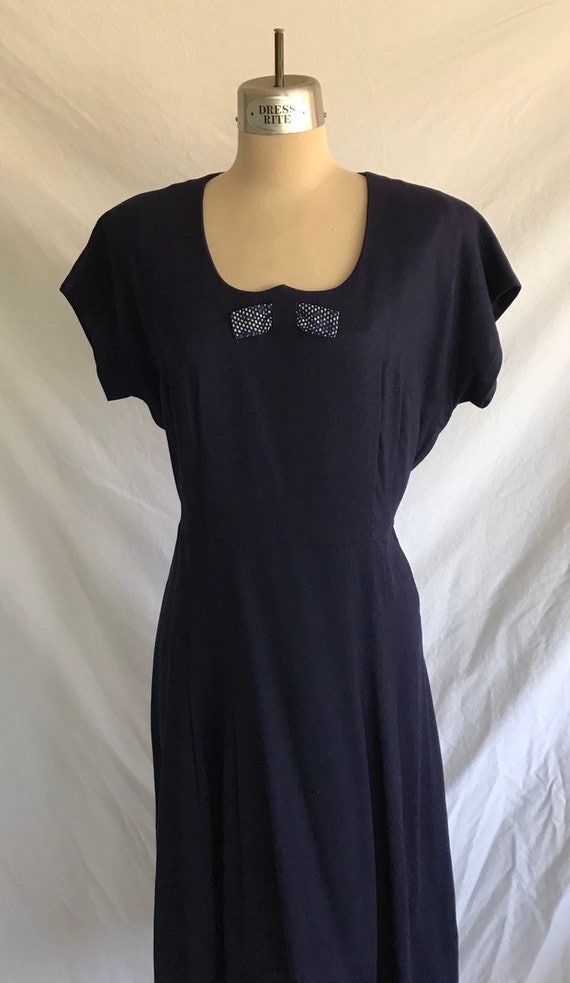 1940s Volup Navy Linen Day Dress with Bow and Uniq