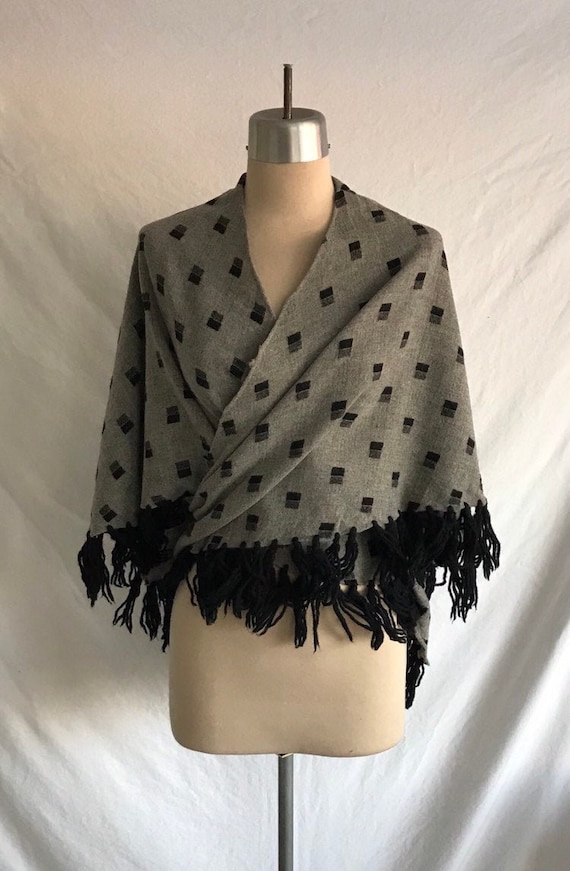 1950s Grey and Black Wool Woven Deco Geo Fringed S