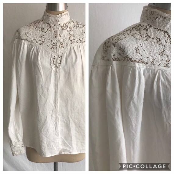 1980s Does Victorian Embroidered Lace White Linen