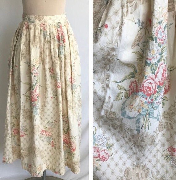 1980s RALPH LAUREN Cotton Pleated Floral Skirt wit