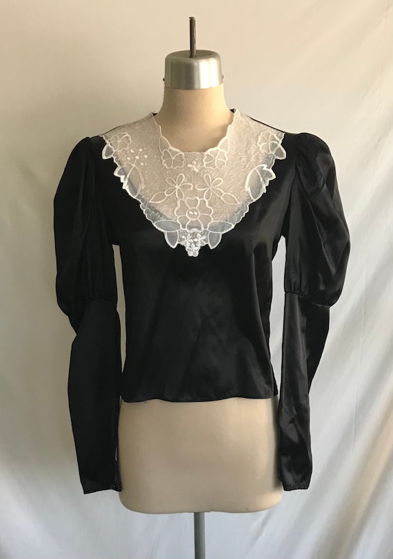 1980s MUTTON SLEEVE Black Satin Blouse - Victorian