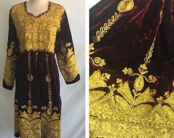 1970s Ornate Embroidered Velvet Dress - Boho Velvet Dress - Moroccan Embroidered Dress - Red and Gold Dress - Hippie Dress - Oversized Fit