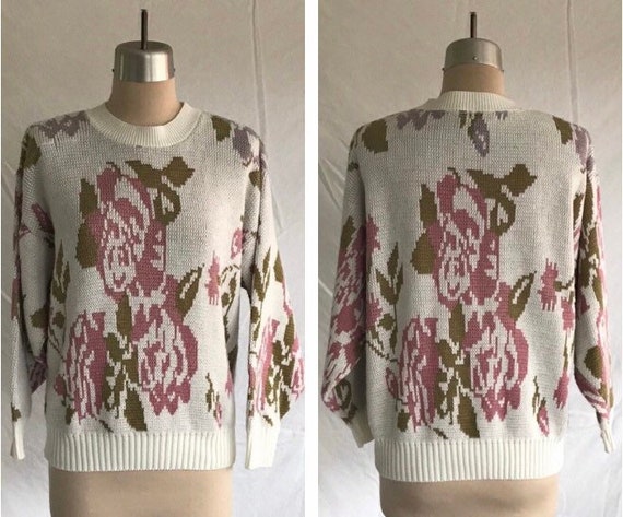 1980s Pink and Purple Rose Jacquard Machine Knit Pullover Sweater 