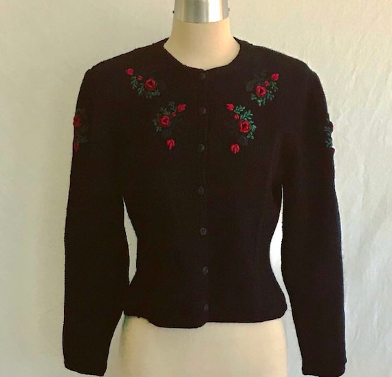 1940s Style Puff Sleeve TYROLEAN Black Wool Embroi