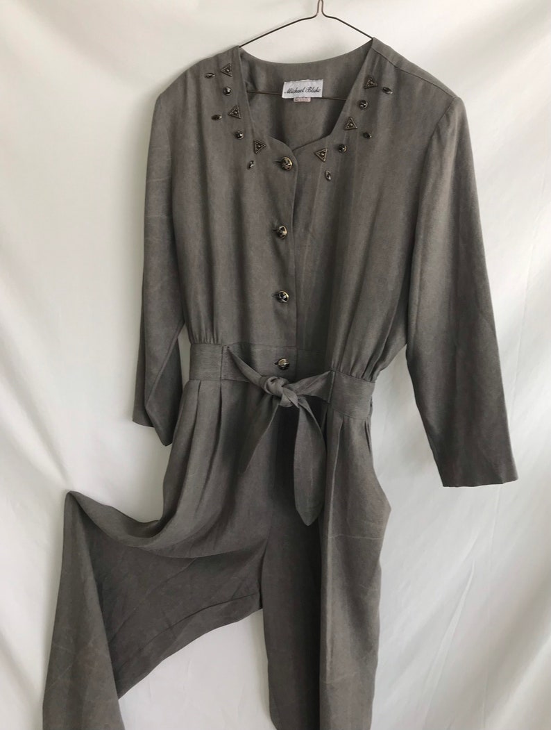 1980s Western Long Sleeve JUMPSUIT with Pockets Tie Waist Jumpsuit Gray Jumpsuit Sweetheart Neckline Jumpsuit Metal Studded Jumpsuit image 3