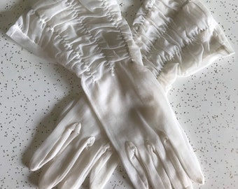 1950s Sheer White Nylon Gathered Pin Up Gloves by Shalimar - Made in USA - Wedding Gloves