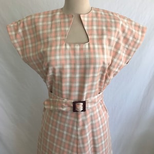 1940s Repro Notched Neck Peach and Brown Plaid A Line Day Dress with Bakelite Buckle - Pin Up Style
