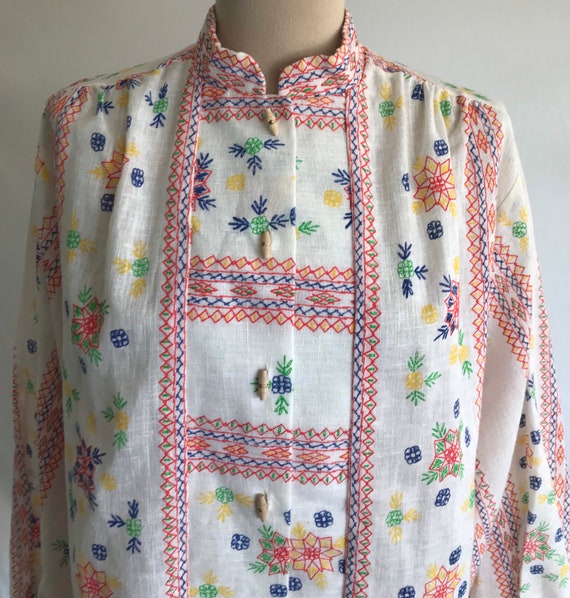 1970s Faux Embroidery Cotton Smock Blouse - Boho … - image 5
