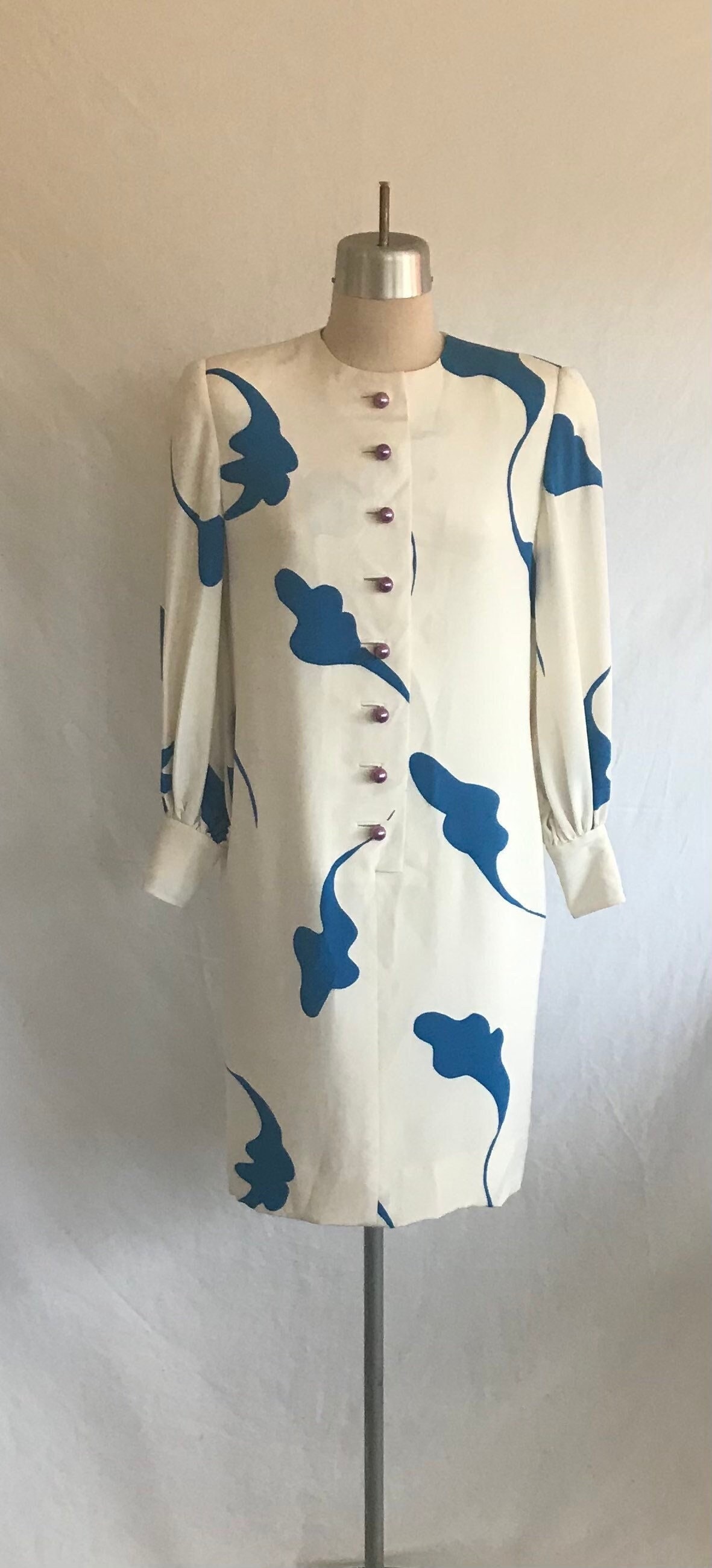 1980S David Hayes Silk Dress Abstract Blue Print Designer Sheath