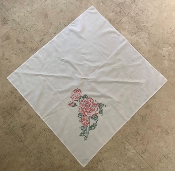 1940s Hand Painted Rose Bandana - White Rayon Sca… - image 3