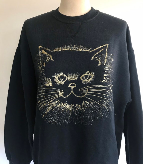 Hand Painted Gold CAT Sweatshirt - Novelty Sweats… - image 3