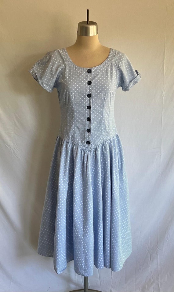 1980s Polka Dot Cotton Dress: Basque Waist, Pockets -… - Gem