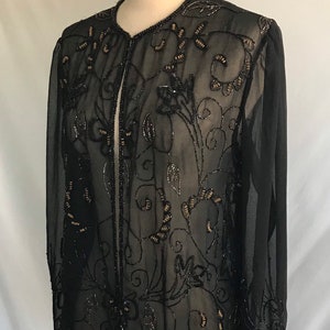 1990s Does 1920s Black Beaded Chiffon Jacket - Flapper Jacket - Boho Beaded Jacket -Hand Beaded Jacket -Puff Sleeve Jacket -Art Deco Jacket