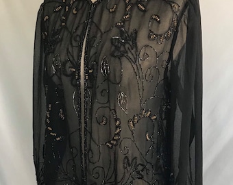 1990s Beaded Chiffon Jacket: Vintage Flapper Art Deco Style