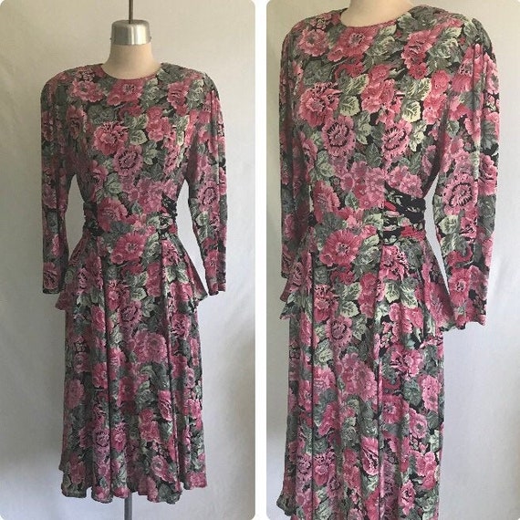 1980s Carole Little Black and Pink Floral Rayon P… - image 1