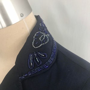 1940s Navy Blue Wool Gabardine Floral BEADED Jacket AS IS - Hourglass ...