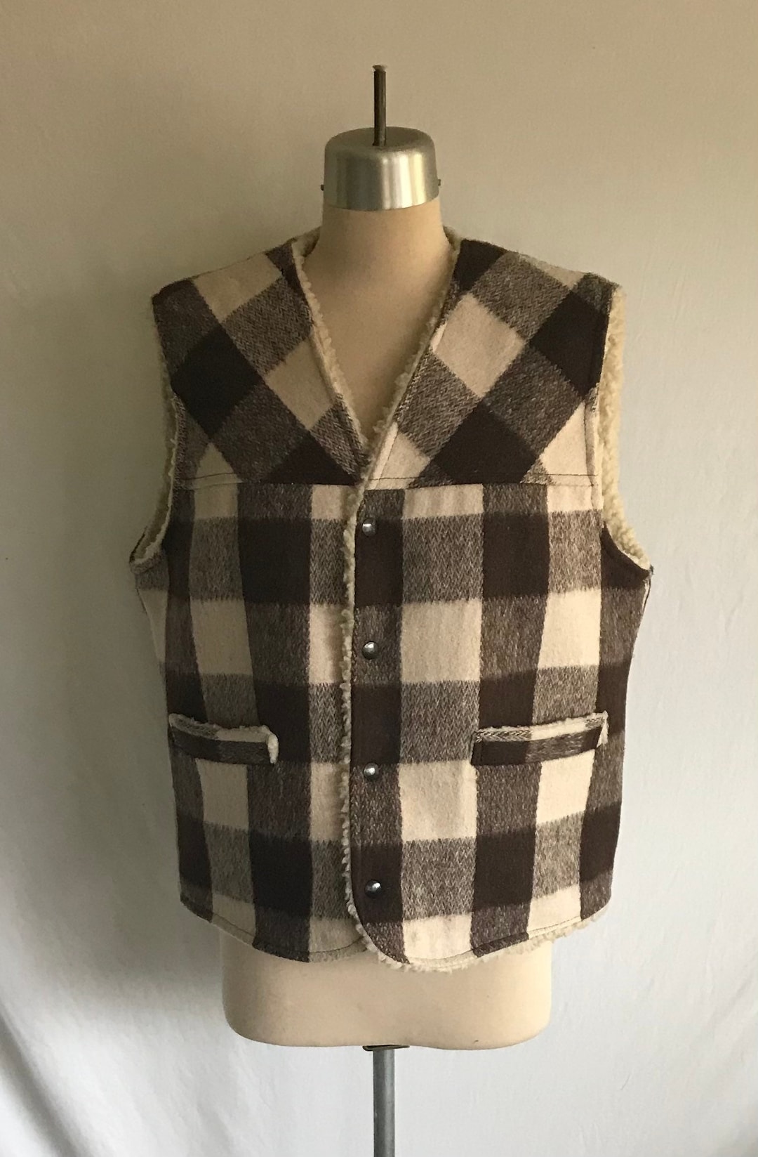 1970s Plaid Wool Sherpa Vest: Cream Brown Checkered Western