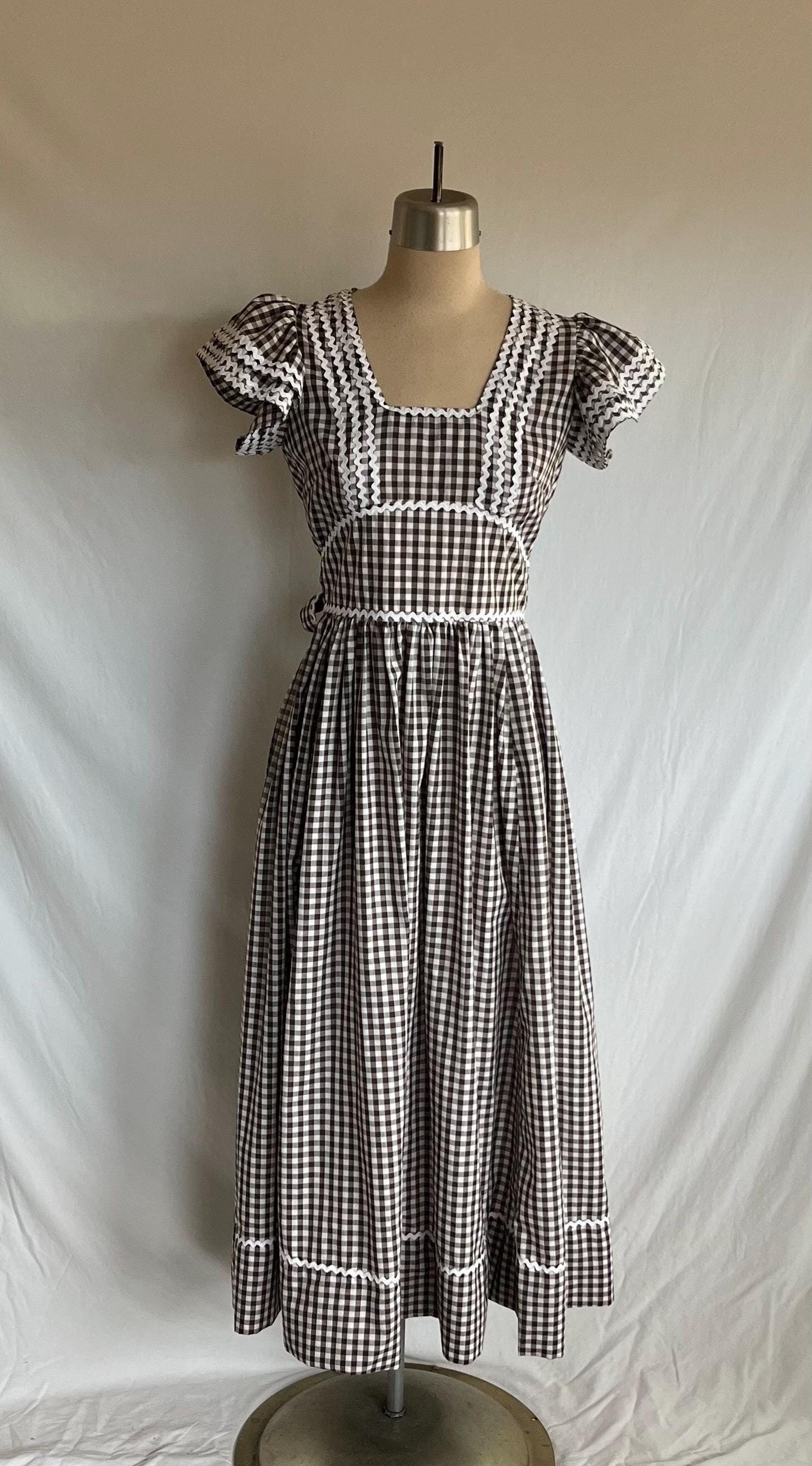 1970s Brown and White Gingham Check Pinafore Maxi Dress