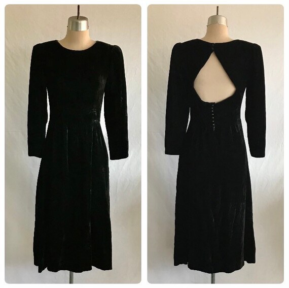 1980s LANZ Black Velvet Puff Sleeve Open Back BIBA