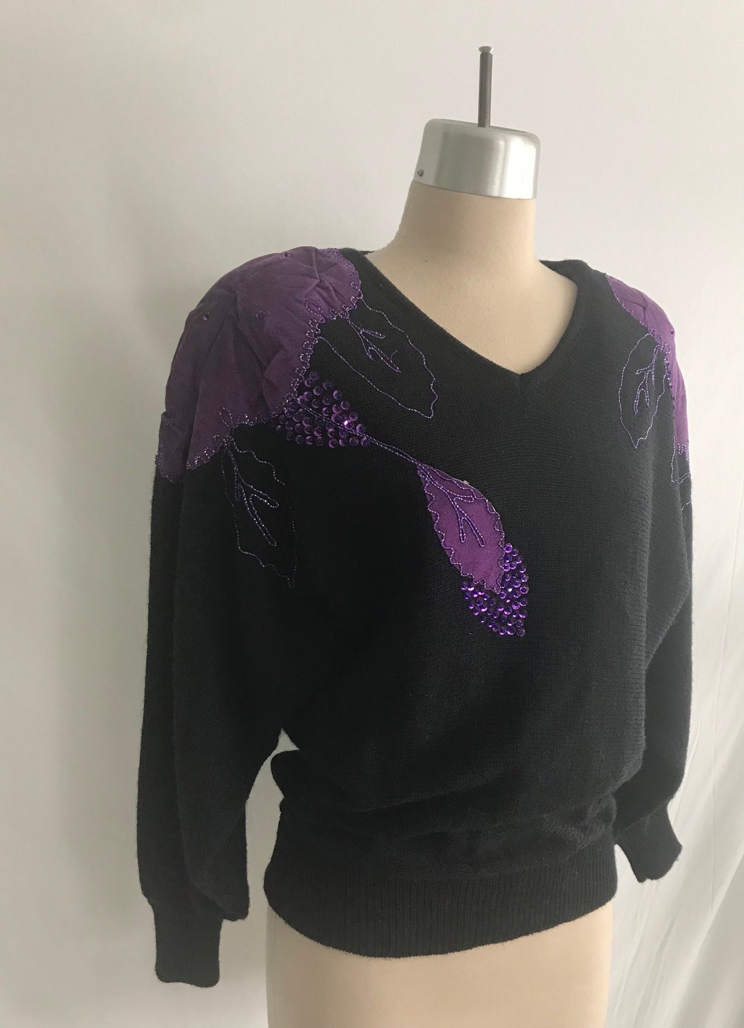 1980s Sequin Appliqued Sweater: Vintage New Wave Knit Top