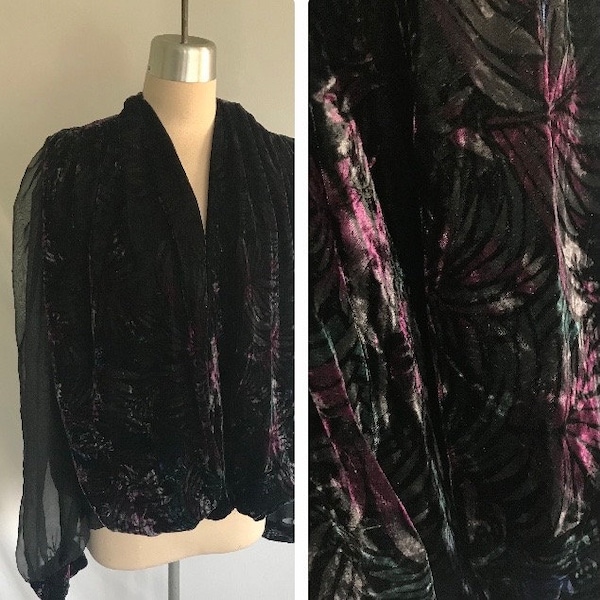 1980s Does 1920s Velvet Sheer Sleeve Blazer Jacket - Semi Formal Jacket - Jewel Tone Jacket - Size L - Cocoon Jacket - Long Sleeve Jacket