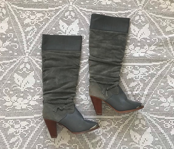 1980s KINNEY Gray Leather High Heeled Boots - Boh… - image 1