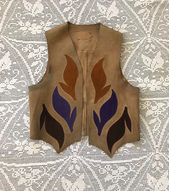 1960s Appliqued Leather Vest - Genuine Leather Ves