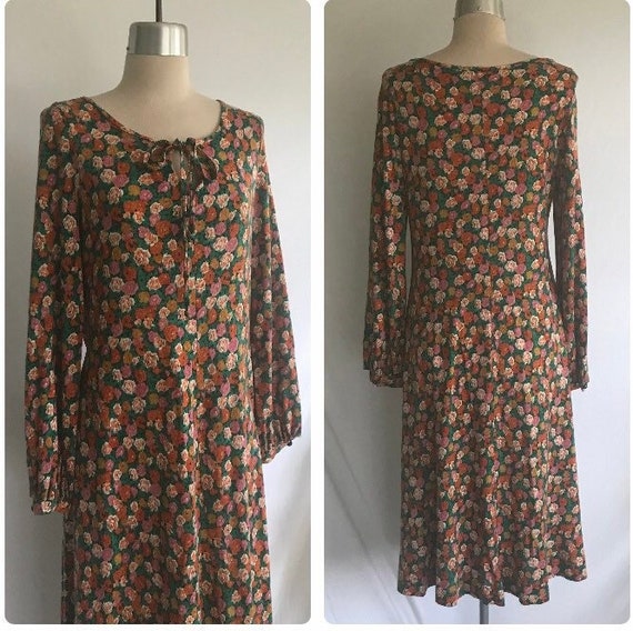 1970s Jersey Knit ROSE Print Tie Front Dress - Bo… - image 1
