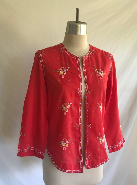 1970s Red Cotton Floral Embroidered Open Front Jac