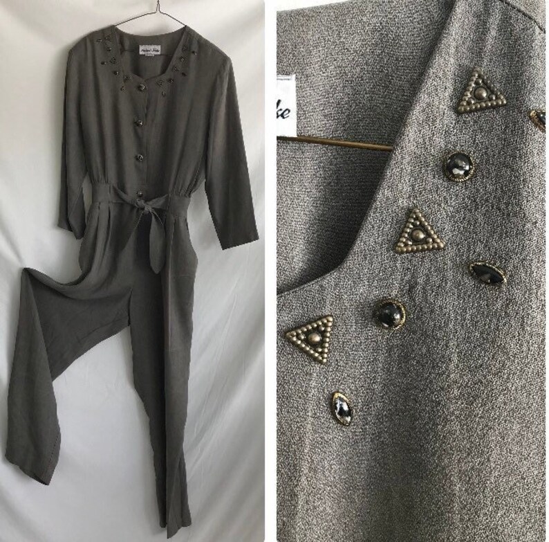 1980s Western Long Sleeve JUMPSUIT with Pockets Tie Waist Jumpsuit Gray Jumpsuit Sweetheart Neckline Jumpsuit Metal Studded Jumpsuit image 1