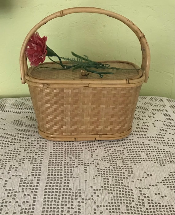 1950s Bamboo Woven Straw Flower Basket Purse - No… - image 1