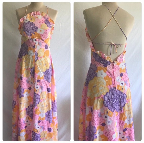 1970s Floral Maxi Dress - Sundress - Backless Dre… - image 1