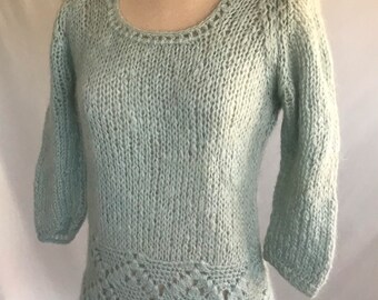 1960s Blue Mohair Knit Sweater - Crochet Hem, XS/S