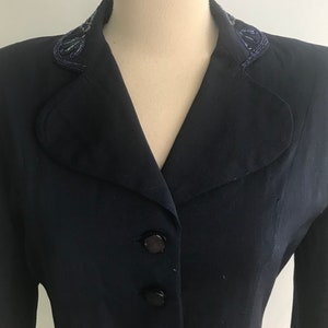 1940s Navy Blue Wool Gabardine Floral BEADED Jacket AS IS Hourglass Fit ...