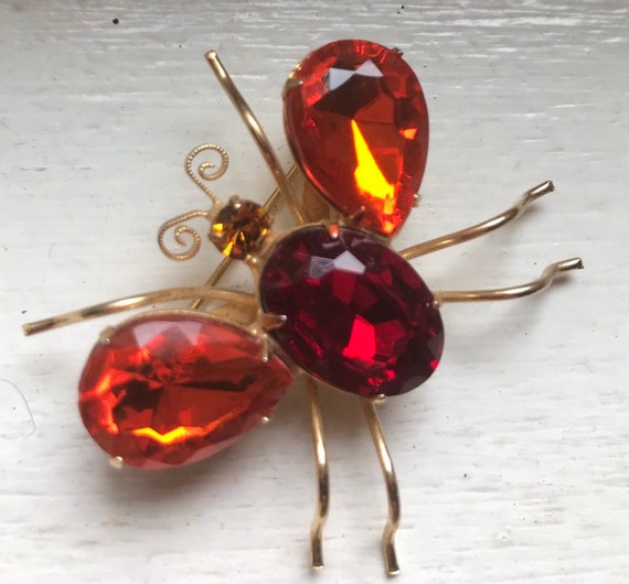 1960s Red Glass Beetle Brooch - Costume Jewelry -… - image 2