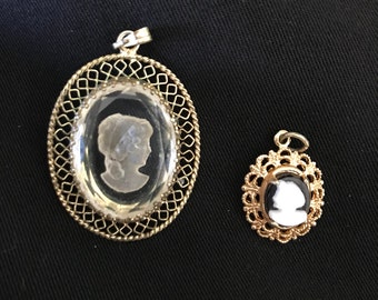 Two 1960s Clear Carved Lucite and Black and White Cameo Pendants - Victorian Style