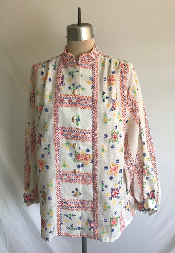 1970s Faux Embroidery Cotton Smock Blouse - Boho … - image 3