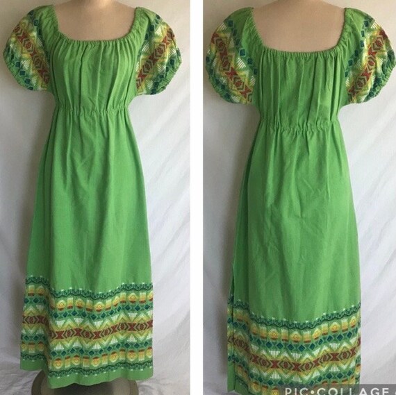 1960s Hand Woven Guatemalan Maxi Dress: Boho Cotton Peasant Style