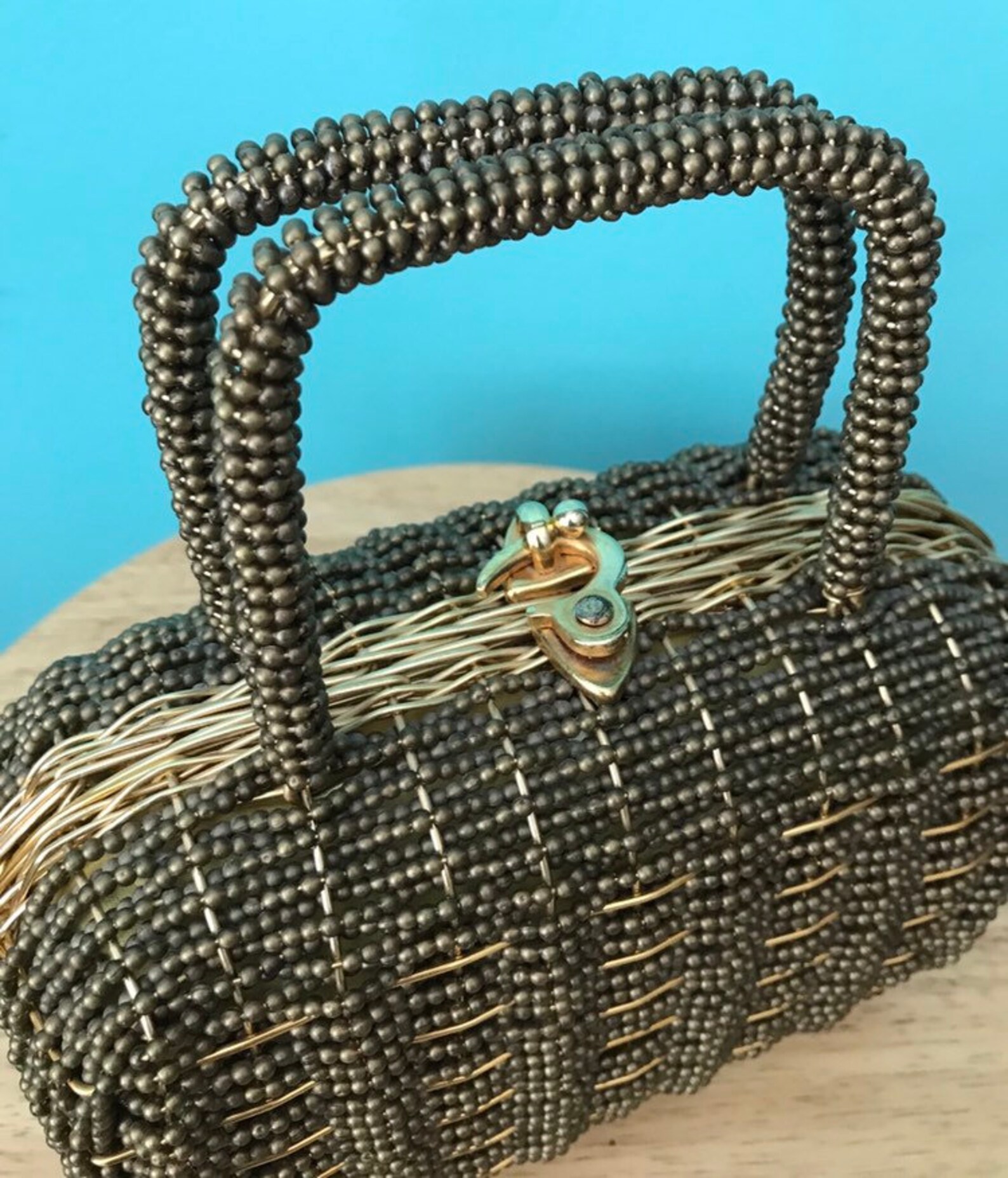 1960s Gold Woven Wire Basket Box Mini Suitcase Beaded Novelty Etsy