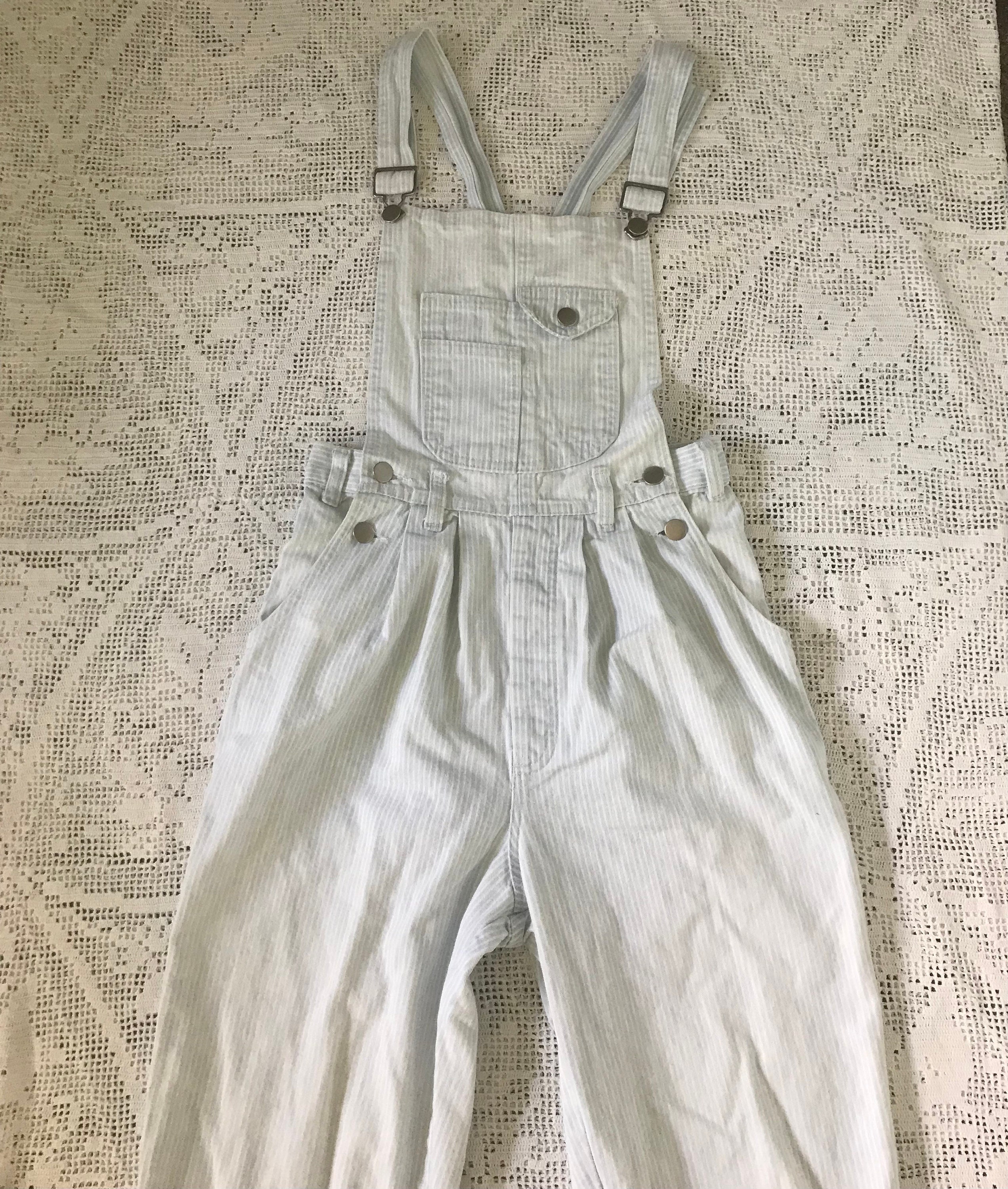 1980s Eddie Bauer Denim Overalls: Engineer Stripe Bib, High Waist