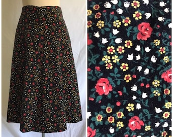 1970s Italian Brand Floral Cotton Velveteen Boho Style A-Line Skirt