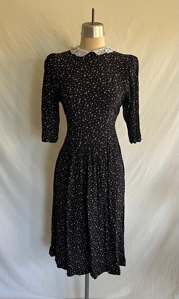 1930s drop waist dress Vintage Plunge Neckline Drop-Waist Pleated Navy Blue Floral Flapper Dr
