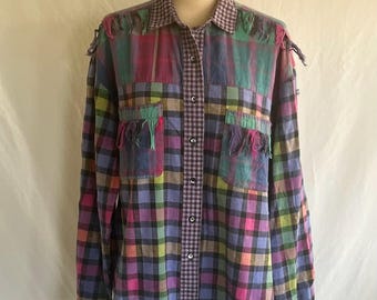1990s MADRAS PLAID Collared Oxford Shirt with Fringe - Chest Pockets - Cuffed Shirt - Made in India - Size M - Patchwork - Grunge Style